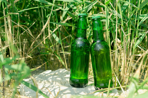 Bottle of cold light beer on the beach against green grass.Empty space