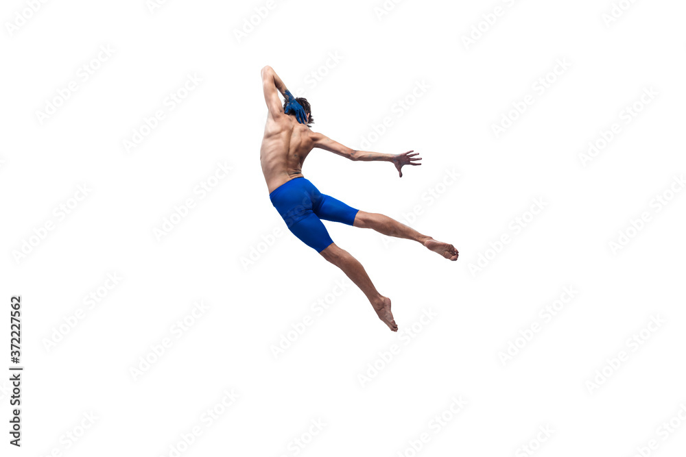 Ductile. Male modern ballet dancer, art contemp performance, blue and white combination of emotions. Flexibility, grace in motion, action on white background. Fashion and beauty, artwork concept. Ductile. Male modern ballet dancer, art contemp performance, blue and white combination of emotions. Flexibility, grace in motion, action on white background. Fashion and beauty, artwork concept.