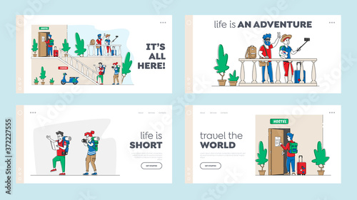 People Check in Hostel Landing Page Template Set. Tourists Move in Motel for Staying at Night, Accommodation Guesthouse