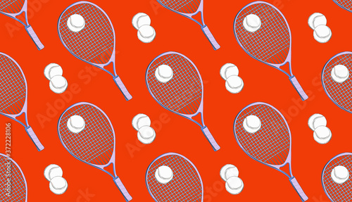 Sport seamless pattern, Tennis racket and ball game decoration background. Nursery print in red color. Outdoor activity design, fabric cloth