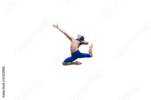 Hope giving. Male modern ballet dancer, art contemp performance, blue and white combination of emotions. Flexibility, grace in motion, action on white background. Fashion and beauty, artwork concept.