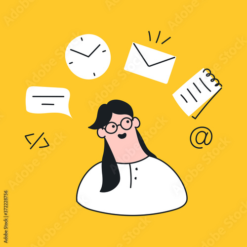 Multitasking woman and her workplace. Office worker concentrating on messages and emails. Office work, multitasking manager. Flat line vector illustration on yellow