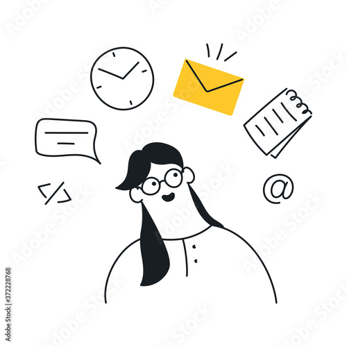 Multitasking woman and her workplace. Office worker concentrating on messages and emails. Office work, multitasking manager. Flat line vector illustration on white