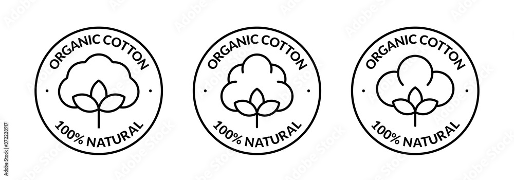 Obraz premium 100% Natural Organic Cotton Icon. Set of vector badges, logos or labels. Minimalistic illustration in line art style