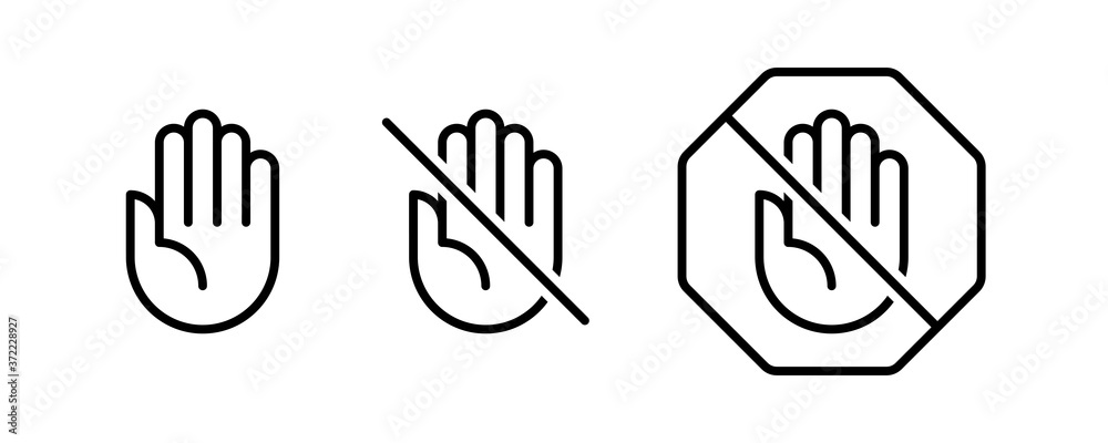 Do not touch hand icons. Set of linear icons with stop hand Do not touch hand icons. Set of linear icons with stop hand