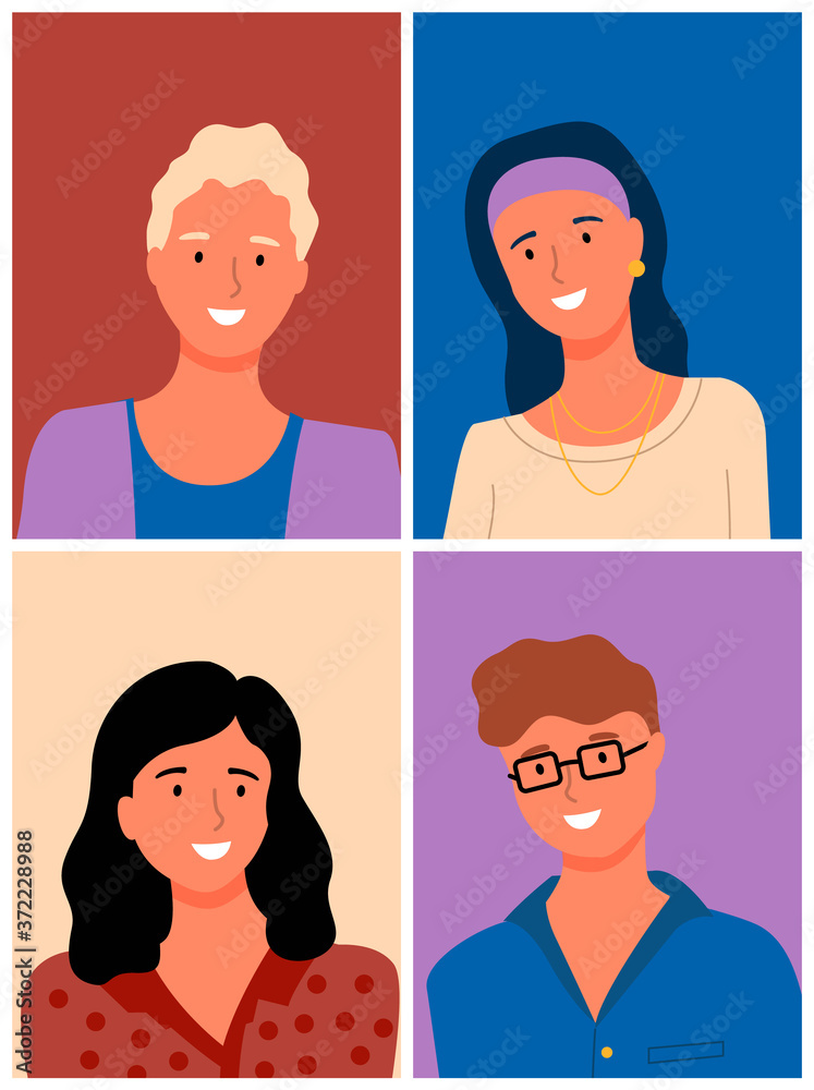 People portrait view in flat style, vector man and woman cartoon characters. Smiling female and male, happy coworkers or online consultants profiles People portrait view in flat style, vector man and woman cartoon characters. Smiling female and male, happy coworkers or online consultants profiles