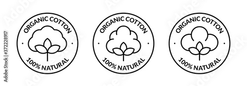 100% Natural Organic Cotton Icon. Set of vector badges, logos or labels. Minimalistic illustration in line art style