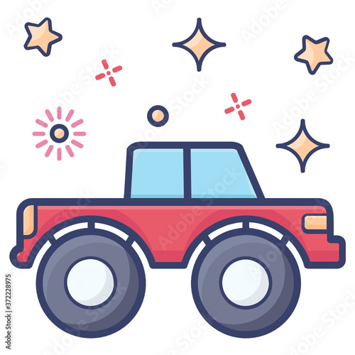 
A specialized truck with a heavy duty suspension, Monster truck flat vector design 
