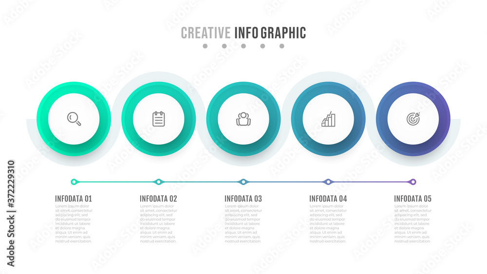 Fototapeta premium Business infographic template. Timeline design with circle and 5 options or steps. Can be used for workflow layout, info chart, annual report.