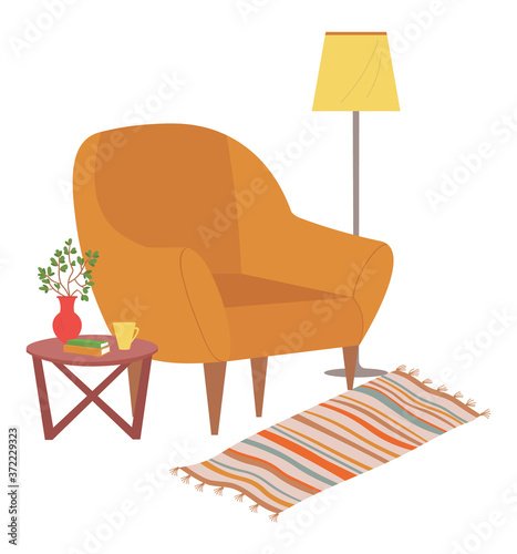 Home design vector, soft armchair furniture, lamp with light, table with vase and flourishing plant, carpet on floor rug, flat style contemporary interior