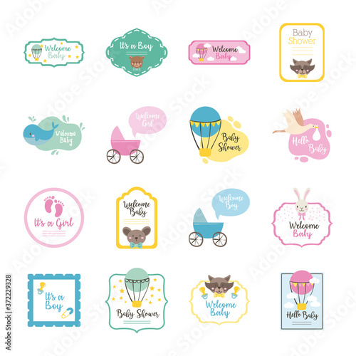bundle of sixteen baby shower set collection icons
