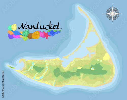 Nantucket Island road. Realistic satellite background map with designation of beaches, places for rest and entertainments. Drawn with cartographic accuracy. A bird's-eye view.
