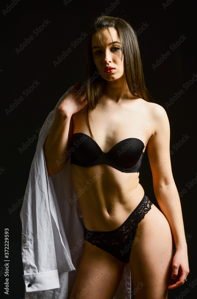 My body my rules. Sexy female. Beautiful girl with sexy look in lace  underwear. Portrait of sexy woman. Girl wear bra. Body shapes. Sensual  model in lingerie black background. Lingerie boutique Stock-Foto