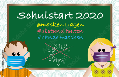 Schule - 2020 - Schulanfang - Schulstart - erster Schultag - Schulkind - Kind - Maskenpflicht - Masken - Abstand - Hände waschen - alles wird gut - Regenbogen - Junge - Mädchen - bunt - Cartoon 
