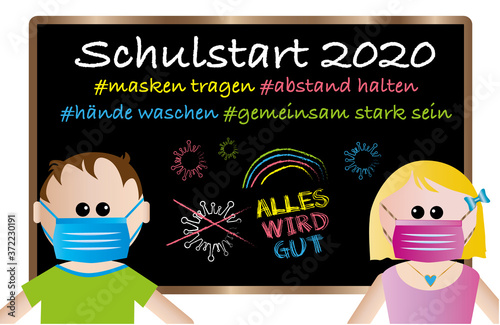 Schule - 2020 - Schulanfang - Schulstart - erster Schultag - Schulkind - Kind - Maskenpflicht - Masken - Abstand - Hände waschen - alles wird gut - Regenbogen - Junge - Mädchen - bunt - Cartoon 