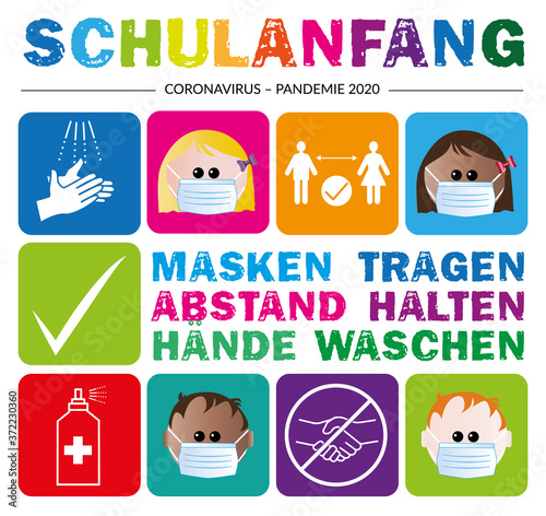 Schule - 2020 - Schulanfang - Schulstart - erster Schultag - Schulkind - Kind - Maskenpflicht - Masken - Abstand - Hände waschen - alles wird gut - Regenbogen - Junge - Mädchen - bunt - Cartoon 