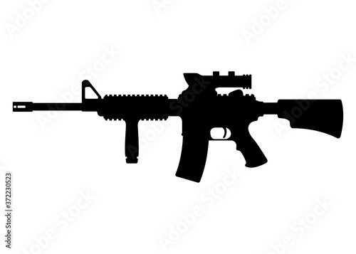 American m16 military rifle with aim, icon self defence automatic weapon concept simple black vector illustration, isolated on white. Shooting gun. photo