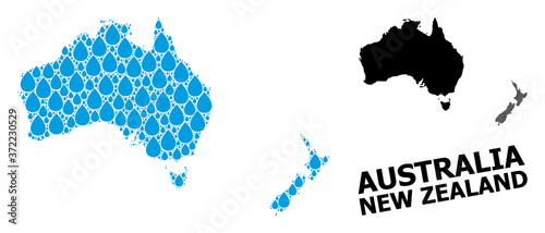 Vector Mosaic Map of Australia and New Zealand of Water Drops and Solid Map