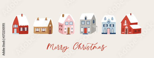 New Year and Christmas home set. Stylized winter cute cozy houses. Winter City collection. Vector illustration holidays elements on snow background. Good for design, cards or posters.