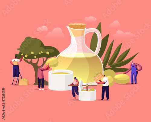 Tiny Characters around Huge Olive Oil Glass Jug Growing, Collecting and Pressing Green Fresh Olives Natural Production
