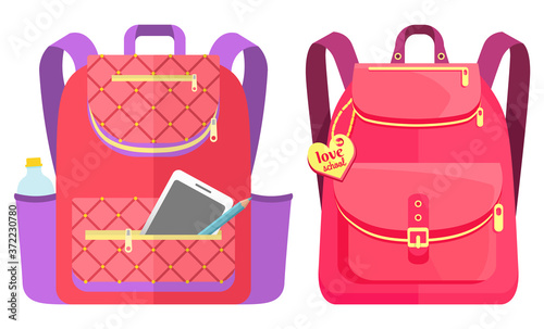 Colored school backpack. Education and study back to school, schoolbag luggage, rucksack vector illustration. Kids school bag with education equipment. Backpacks with study supplies. Student satchels