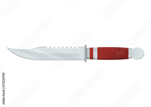 Hunting steel knife with wooden handle, concept cartoon vector illustration, isolated on white. Self defense melee weapon, military blade.