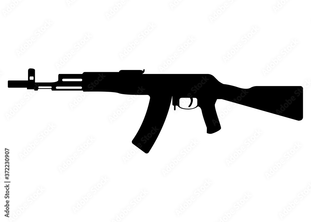 Kalashnikov military rifle, icon self defence automatic weapon concept simple black vector illustration, isolated on white. Shooting gun.