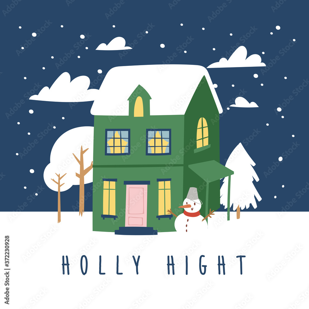 Hand drawn Christmas greeting card with snow night house and festive quote. Creative vector artwork with cozy Winter illustration of decoration for Home. Cartoon Holidays background, poster, postcard