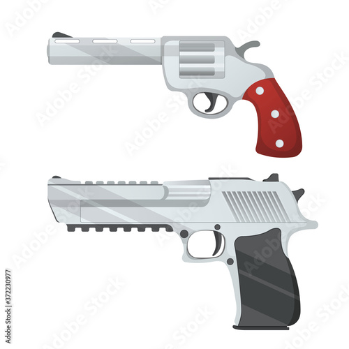 Set of revolver and desert eagle pistol icon, self defense weapon, concept cartoon vector illustration, isolated on white. Shooting powerful firearms handgun.