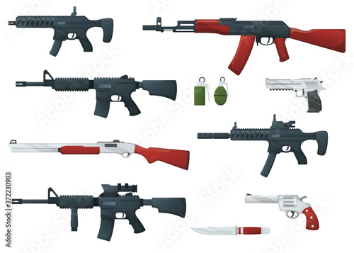 Set of weapon military rifle, revolver and desert eagle pistol, shotgun carbine, grenade, knife and submachine gun cartoon icon vector illustration, isolated of white.