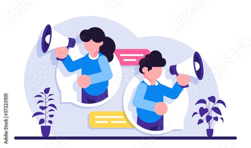Media marketing concept. Man and a woman advertise a product or service telling about it in a loudspeaker. Modern flat illustration.