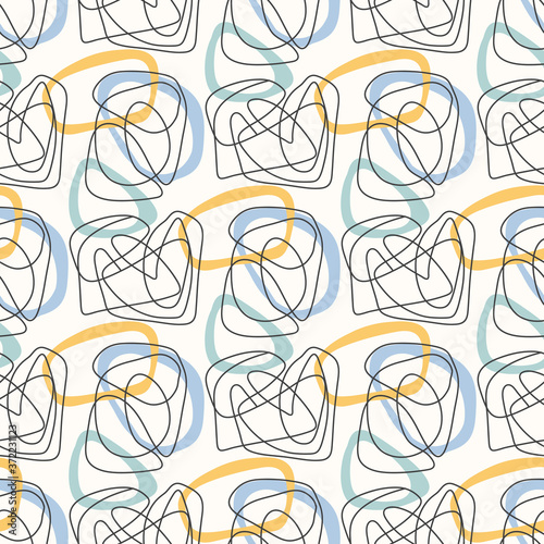 Irregular swirls and scrolls, curved one line doodle drawing. Ink pen freehand shapes line art. Vector texture. Creative wrapping paper, wallpaper design