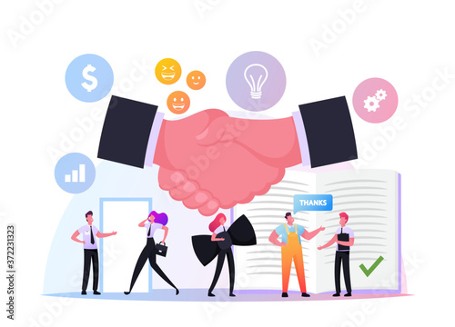 People Follow Business Etiquette. Businessmen and Businesswomen Wear Formal Suits, Shake Hands Starting Negotiations