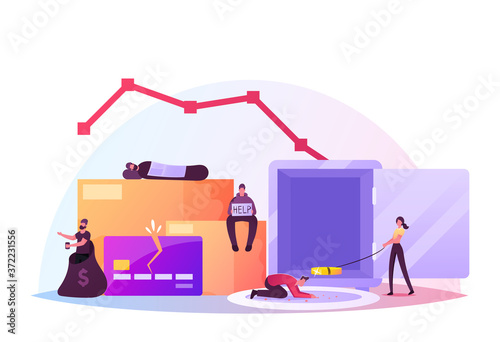 Pauperization Concept. Beggars Wearing Ragged Clothing Sleeping and Begging on Street, Homeless Adult Poor People Penury