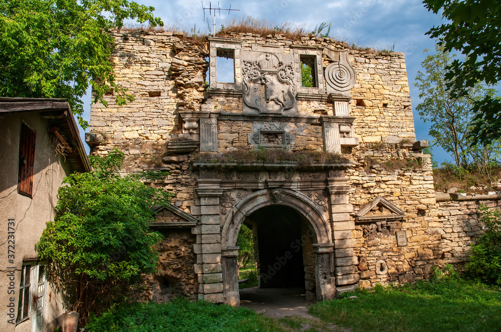 Medieval entrance tower of Chernelytsia Castle, Ivano-Frankivsk region, Ukraine