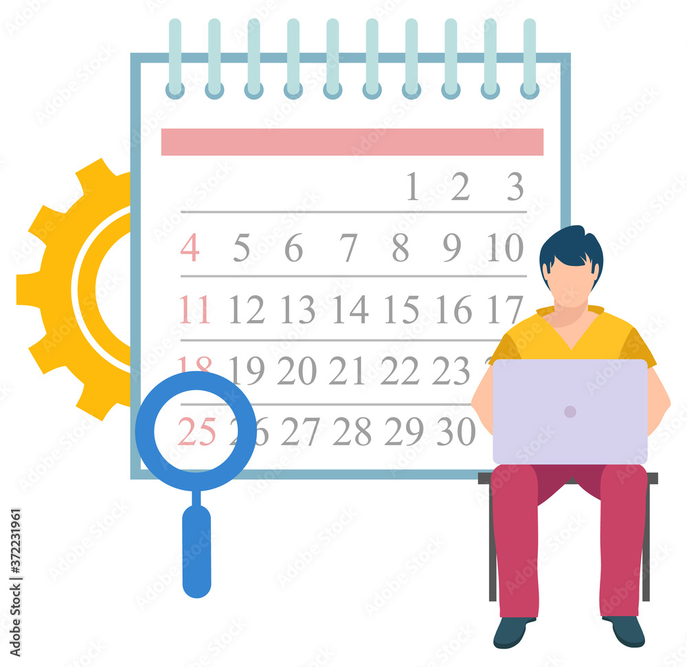 Man sitting near calendar with magnifying glass on certain date. Vector male with notebook and cogwheel, technology development, time management concept Man sitting near calendar with magnifying glass on certain date. Vector male with notebook and cogwheel, technology development, time management concept