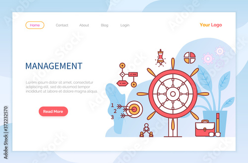 Management and organization of work. Wheel and icons outline. Structure in organization. Business company technology and strategy. Website or webpage template, landing page vector in flat style