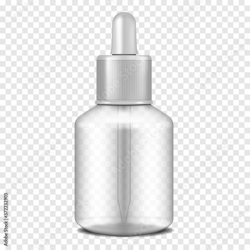 Open dark clear thick glass bottle with dropper cap on transparent background, realistic mockup. Beauty or medical product packaging, vector template.