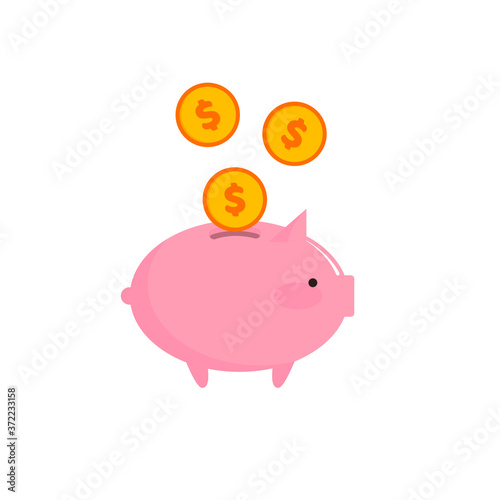 Gold coins fall into the piggy bank. Vector illustration, flat cartoon design, isolated on white background, eps 10.