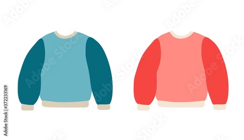 Two cozy warm sweaters. Blue Male and pink female outerwear. Cozy concept by Hugge. vector illustration isolated on white background.