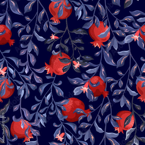 Red pomegranate fruits with flowers on a blue background. Branches, garden plants, seamless pattern.