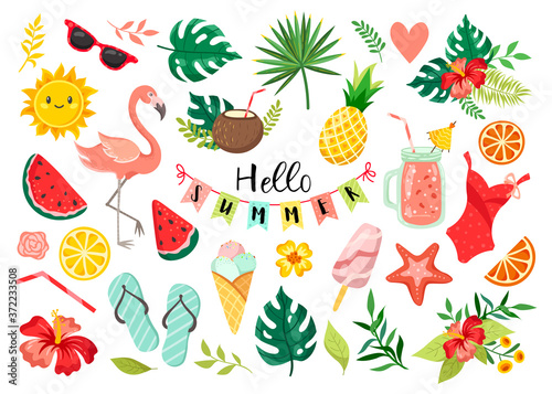 Collection of cute summer elements, icons isolated on white background: tropical leaves and birds, drinks and ice cream. Summer season poster, beach holiday.