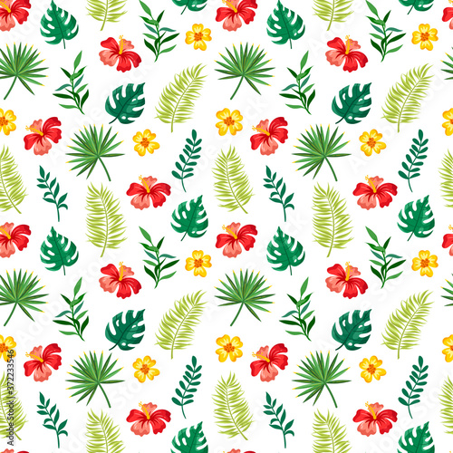 Fototapeta Naklejka Na Ścianę i Meble -  Seamless pattern of tropical plants, palm leaves and hibiscus on a white background. Summer season, tropics.