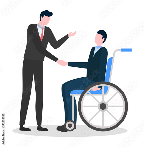 Man shaking hand of paralyzed male character sitting on disabled carriage. Conversation of specialist and illness person on wheelchair modern technology. Professional medical service and aid vector