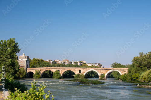 Milvian Bridge on river Tiber in Rome  Italy