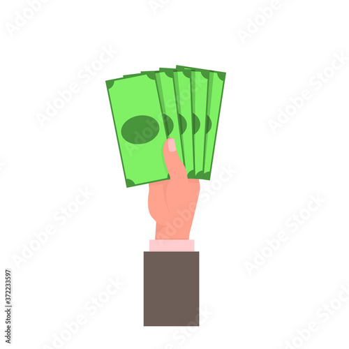 The hand holds a lot of money, dollars, bills. Vector illustration, flat cartoon design, isolated on white fln, eps 10.