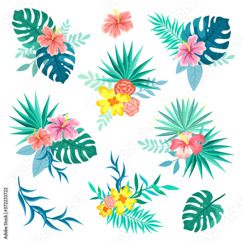 Collection of bouquets and compositions of palm leaves and tropical flowers, Hawaiian style, vector summer set