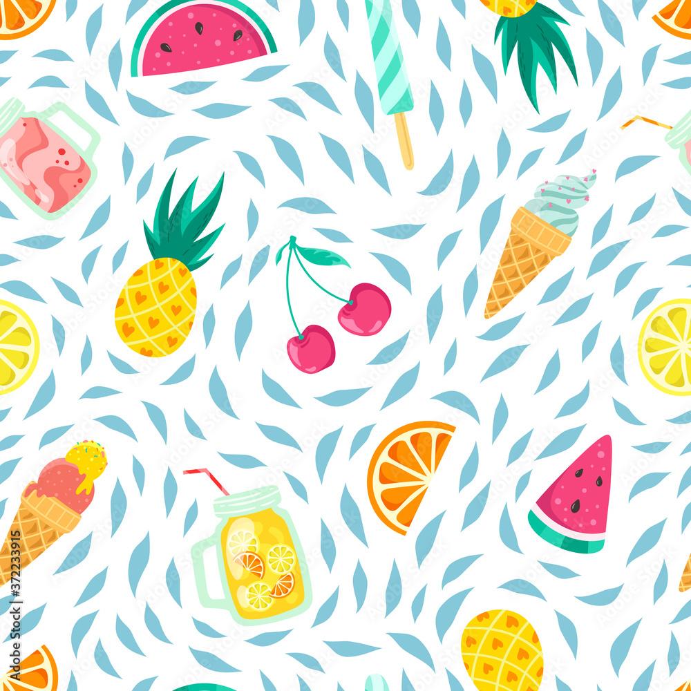 Summer fruits, ice cream and drinks with splashes on a white background. Decorative seamless pattern