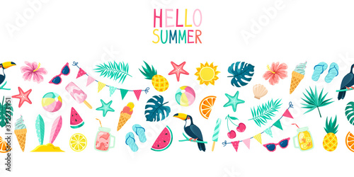 Bouquets of tropical leaves and flowers on a white background. Seamless summer pattern, border.
