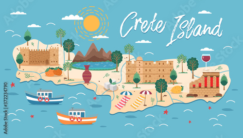 Crete island map with architecture illustration. Crete famous landmarks, city sights. Greece beach landscape. Bay of Chania, Heraklion. Greece Knossos Palace ceremonial and political centre of Minoan